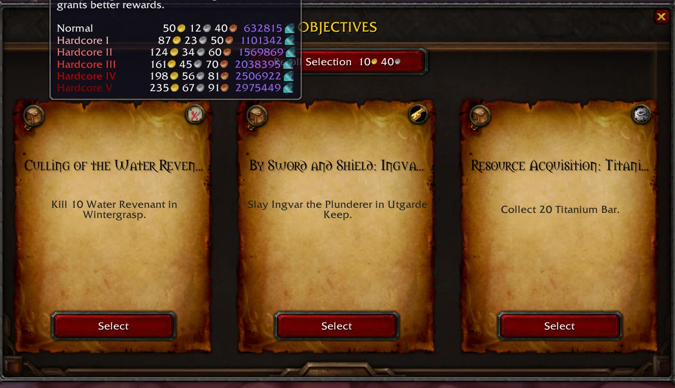 Callboard avec une quête à Wintergrasp et le tableau des récompenses par difficulté
