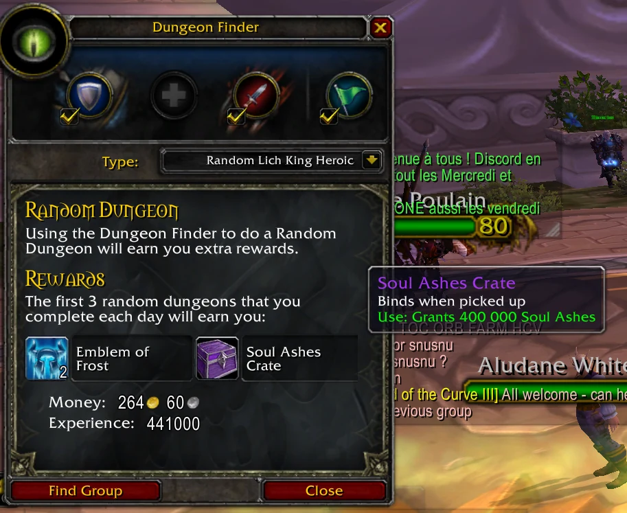 Fenêtre Dungeon Finder montrant la récompense Soul Ashes Crate pour les 3 premiers donjons du jour