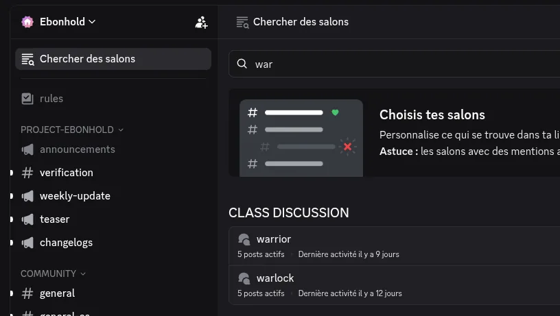 Fenêtre « Chercher des salons » du Discord Ebonhold : la recherche « war » fait remonter les forums warrior et warlock de la catégorie Class Discussion