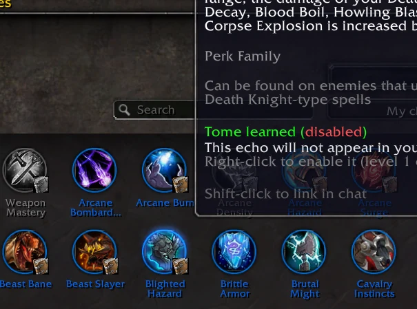 Tooltip d'un echo indiquant Tome learned (disabled) et Right-click to enable it (level 1 only)