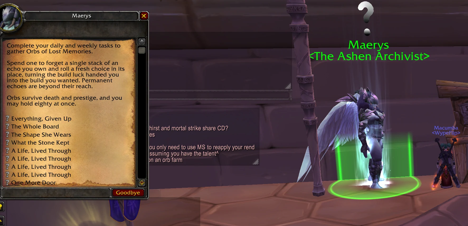 Dialogue du PNJ Maerys, The Ashen Archivist, expliquant les Orbs of Lost Memories