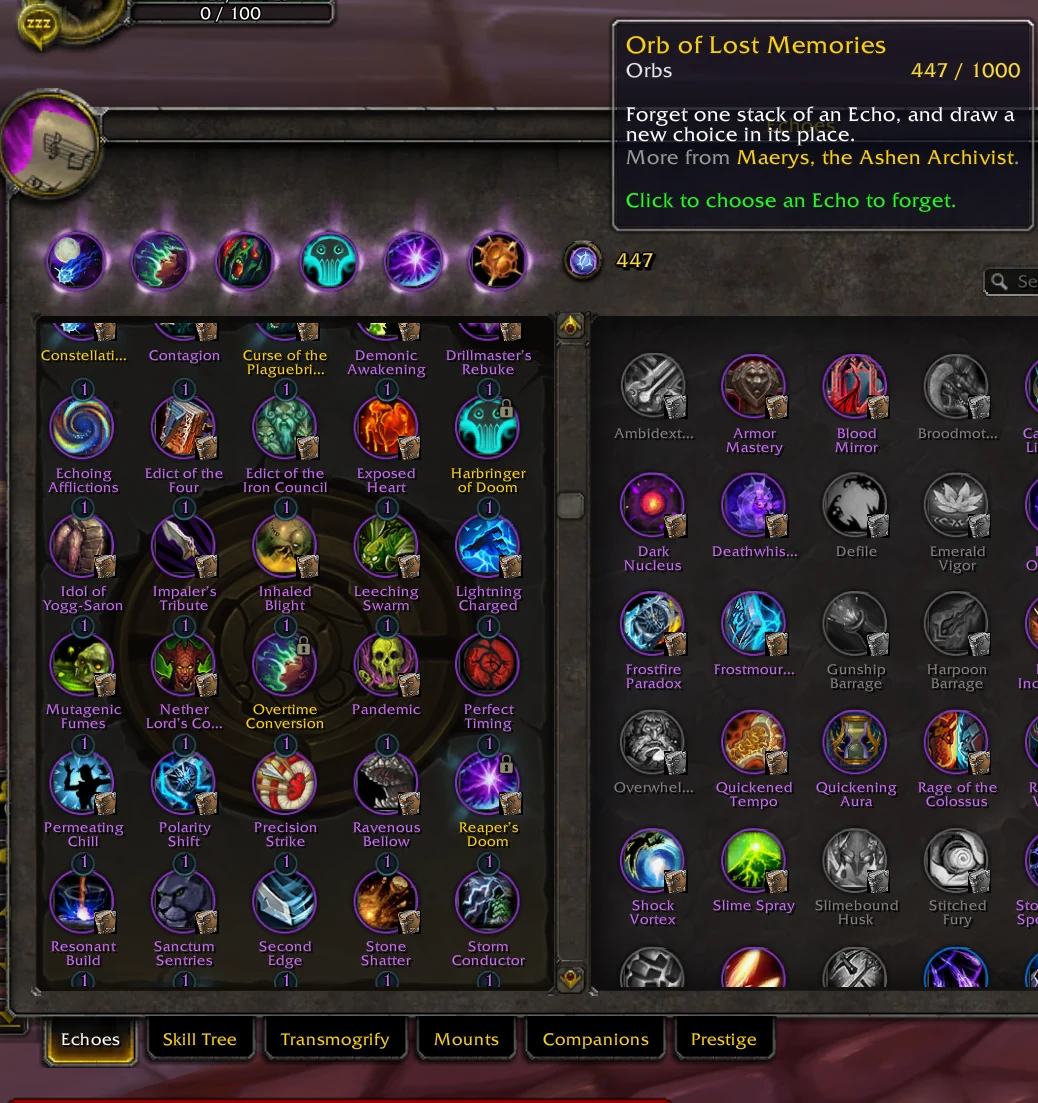 Tooltip de l'Orb of Lost Memories affichant 447 sur 1000 dans la fenêtre Echoes
