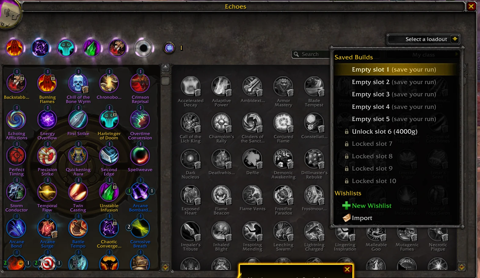 Fenêtre Echoes avec le menu Select a loadout ouvert sur des slots vides