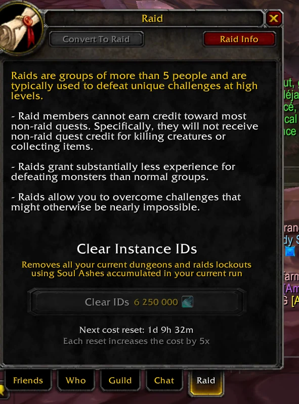 Onglet Raid avec le bouton Clear Instance IDs coûtant 6 250 000 Soul Ashes