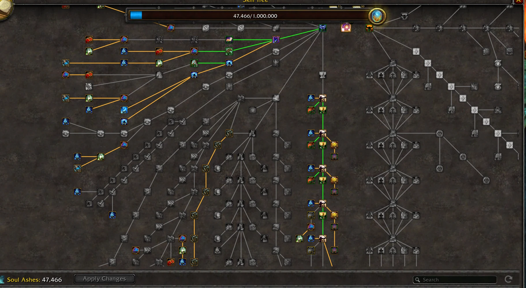 Skill tree en début de run avec 47 466 Soul Ashes et de nombreuses branches déjà débloquées