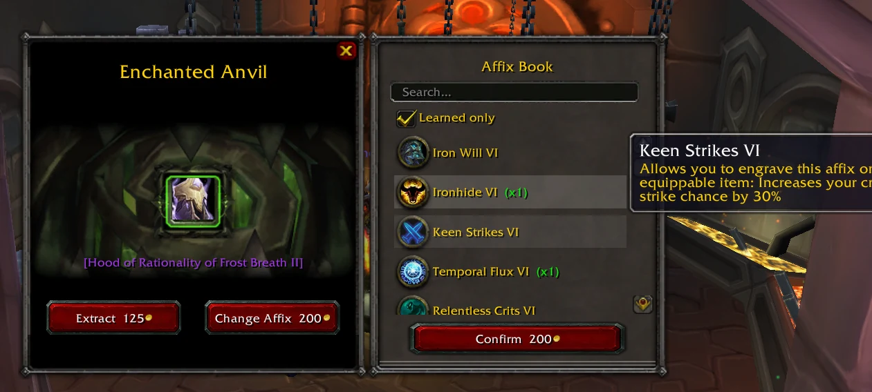 Affix Book listant les affixes appris, avec le tooltip de Keen Strikes VI