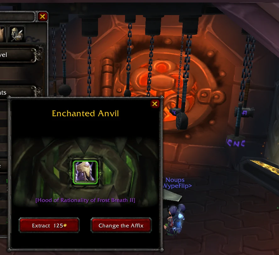 Fenêtre Enchanted Anvil avec les boutons Extract et Change the Affix