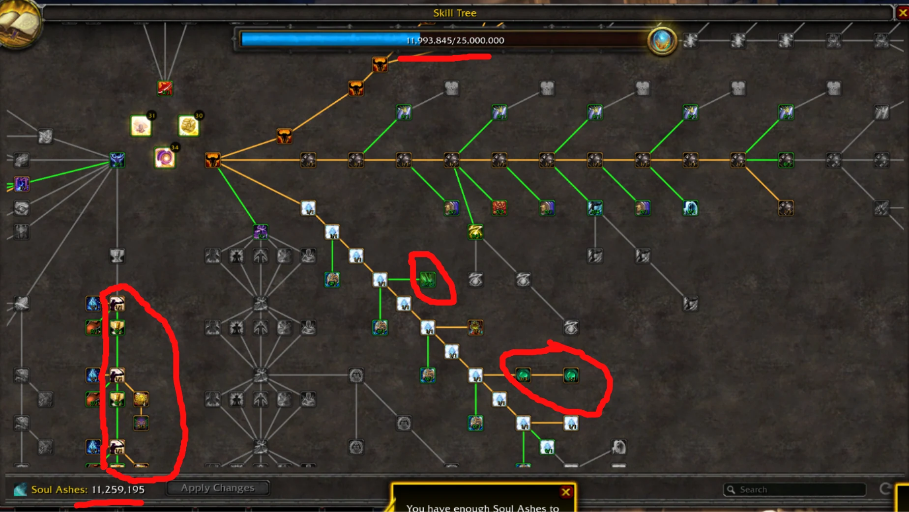 Fenêtre Skill Tree avec les branches survie et XP entourées en rouge