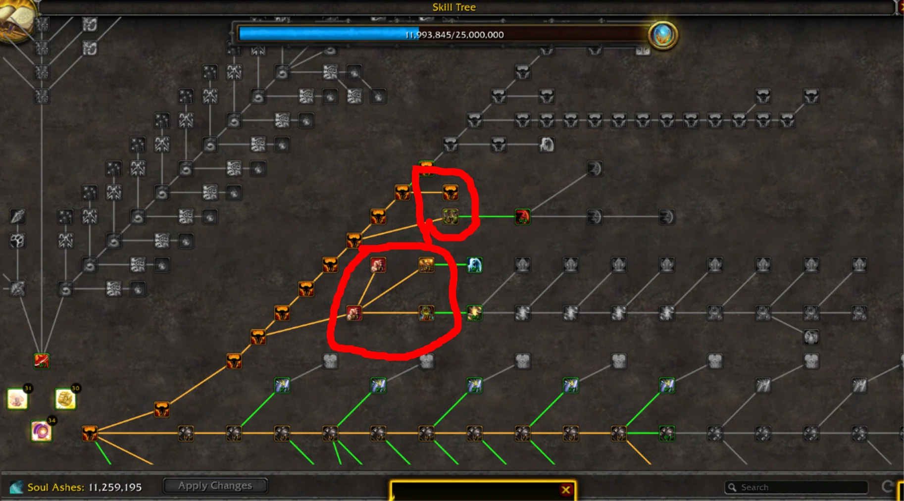 Fenêtre Skill Tree, seconde vue avec d'autres nœuds entourés